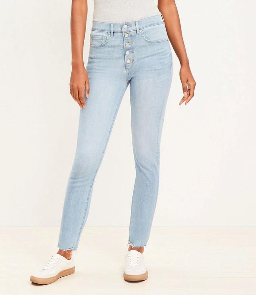 Petite Destructed Button Front High Rise Skinny Jeans Light Wash