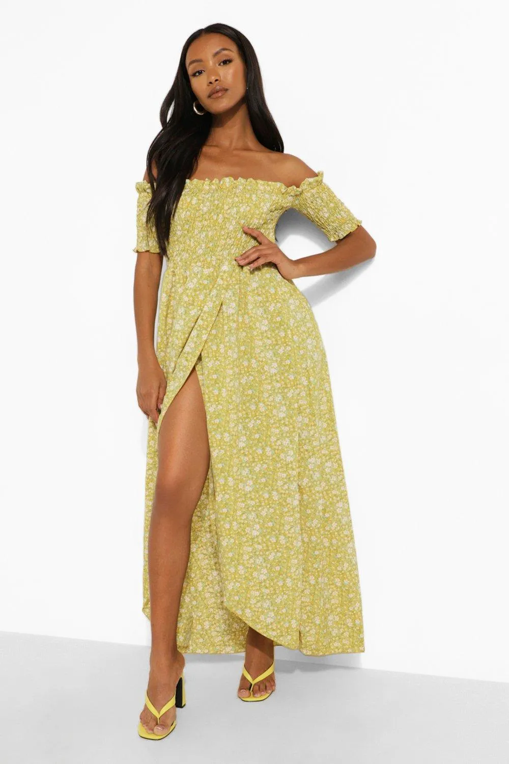 Petite Ditsy Shirred Wrap Front Maxi Dress