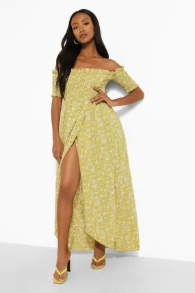 Petite Ditsy Shirred Wrap Front Maxi Dress