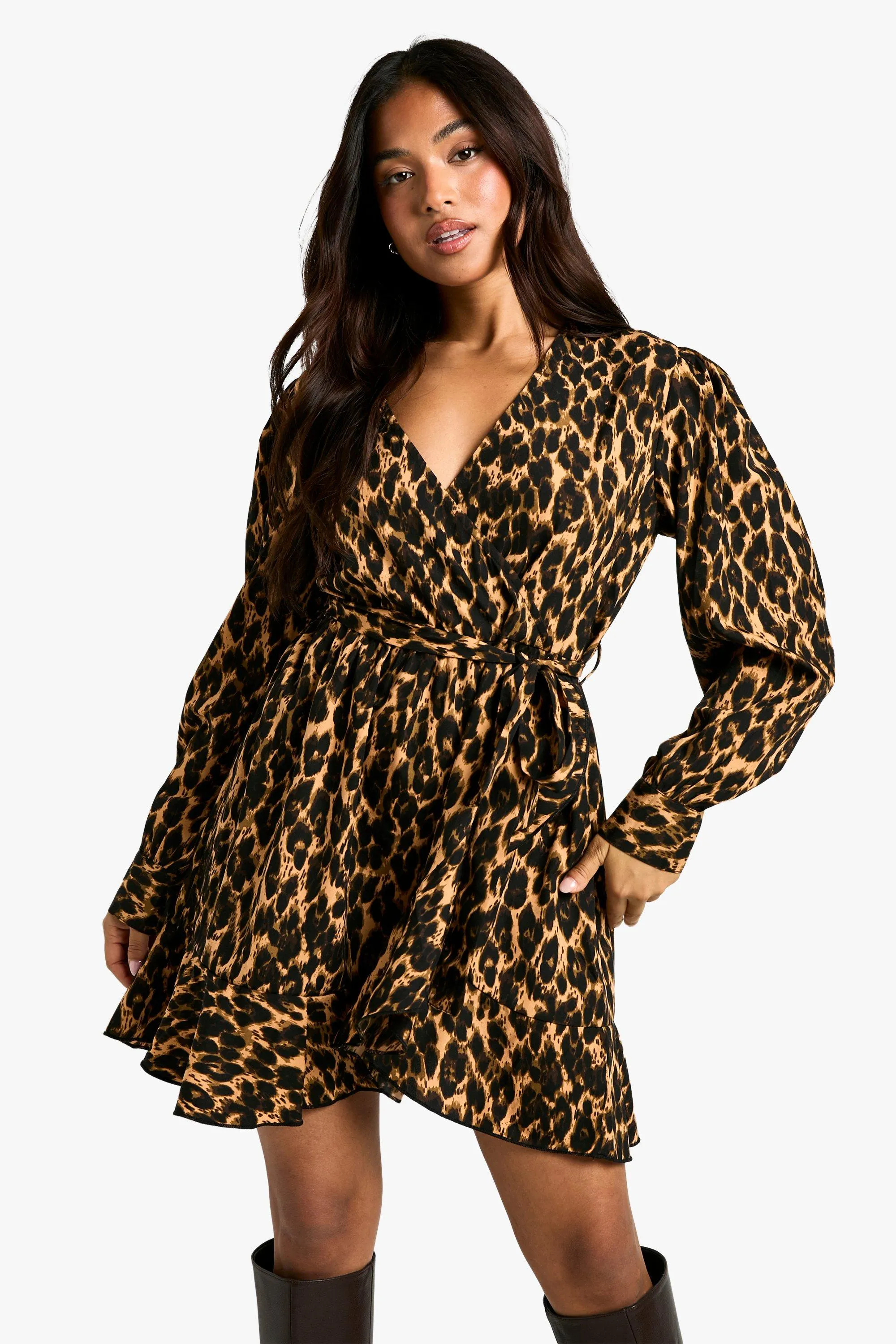 Petite Leopard Print Ruffle Woven Wrap Dress