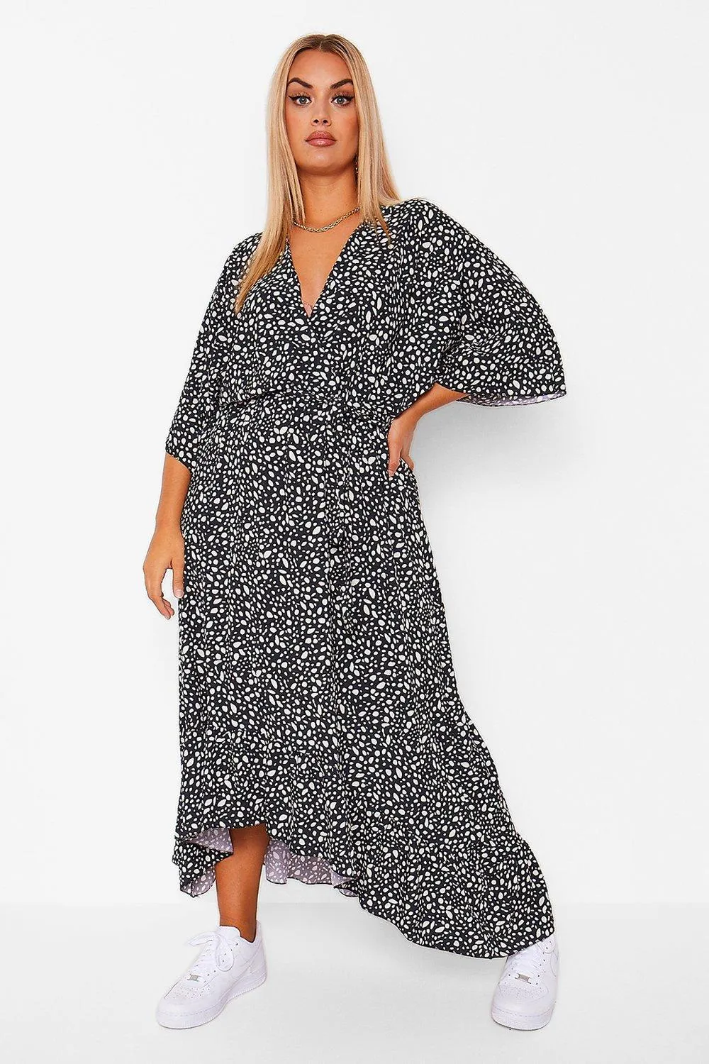 Plus Dalmatian Wrap Belted Midi Dress