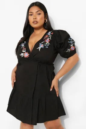 Plus Floral Embroidered Wrap Smock Dress