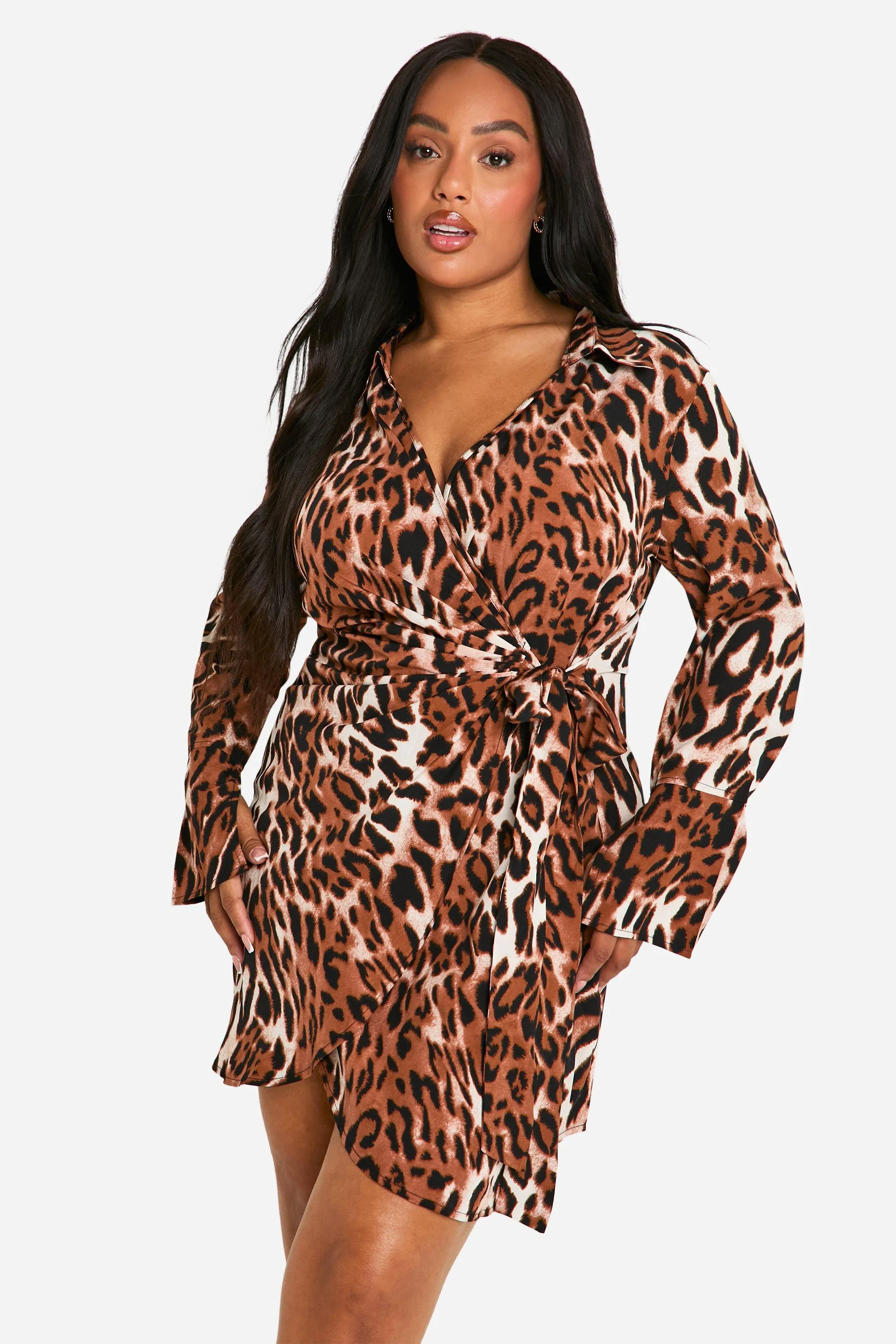 Plus Leopard Print Wrap Shirt Dress