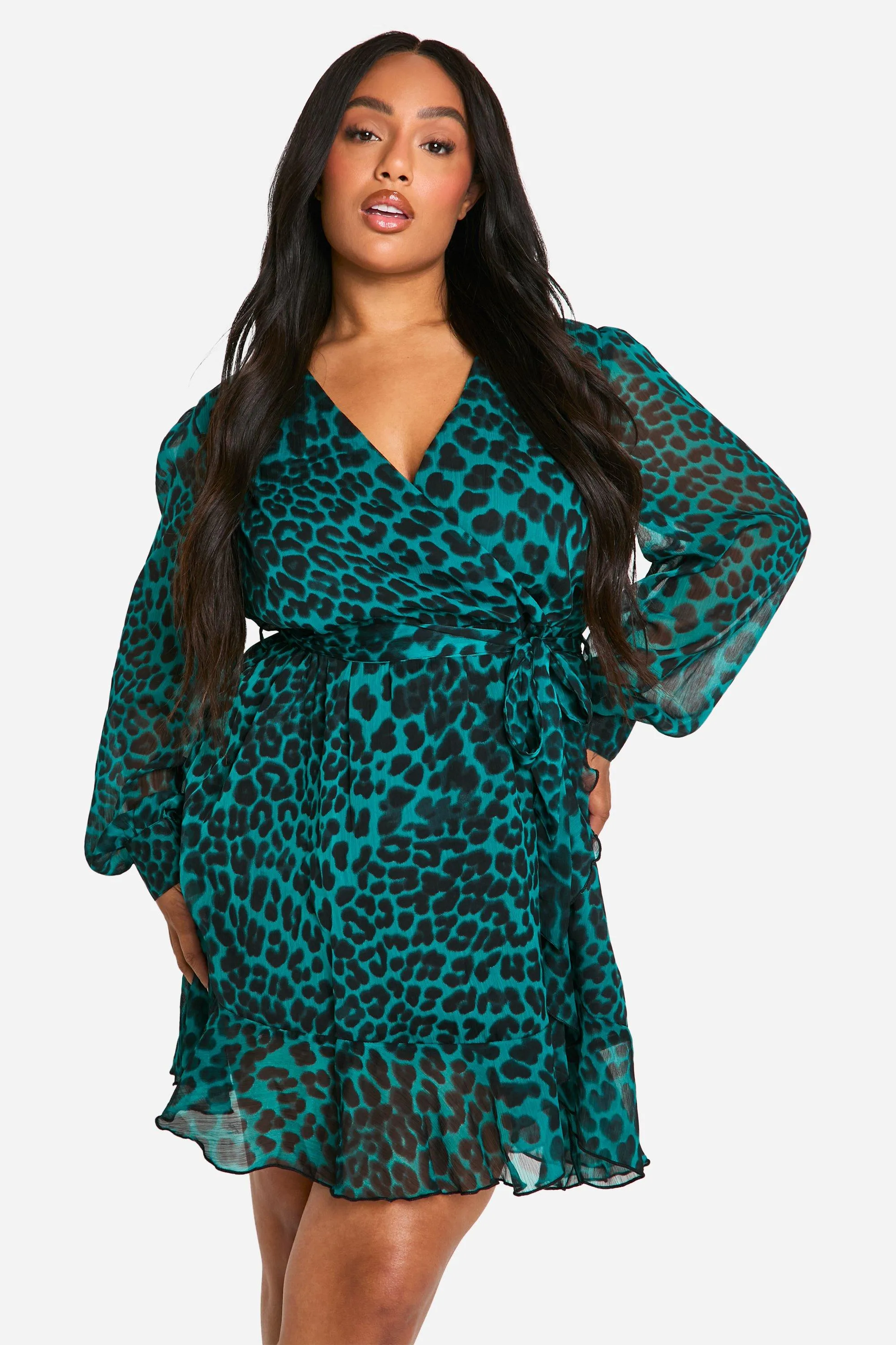 Plus Leopard Wrap Ruffle Skater Dress