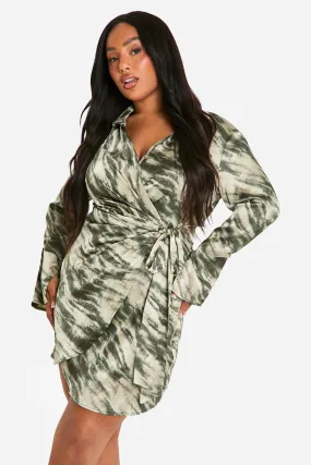 Plus Marble Print Wrap Shirt Dress