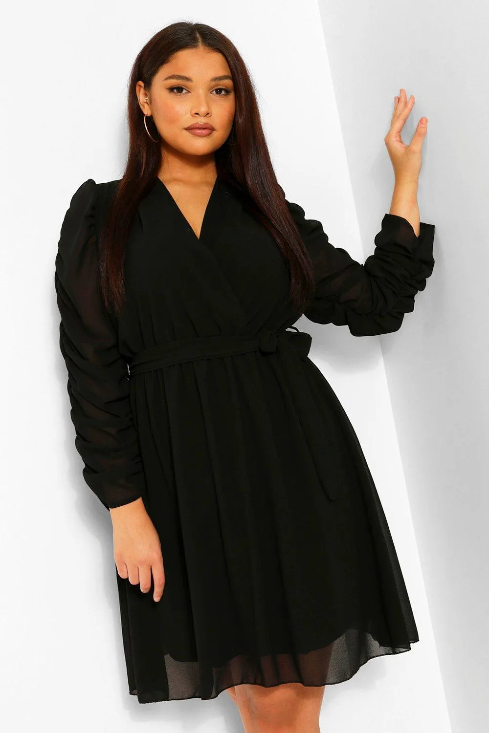 Plus Ruched Sleeve Wrap Skater Dress