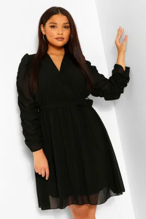 Plus Ruched Sleeve Wrap Skater Dress