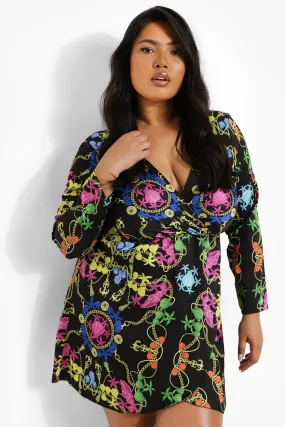 Plus Satin Chain Print Wrap Dress