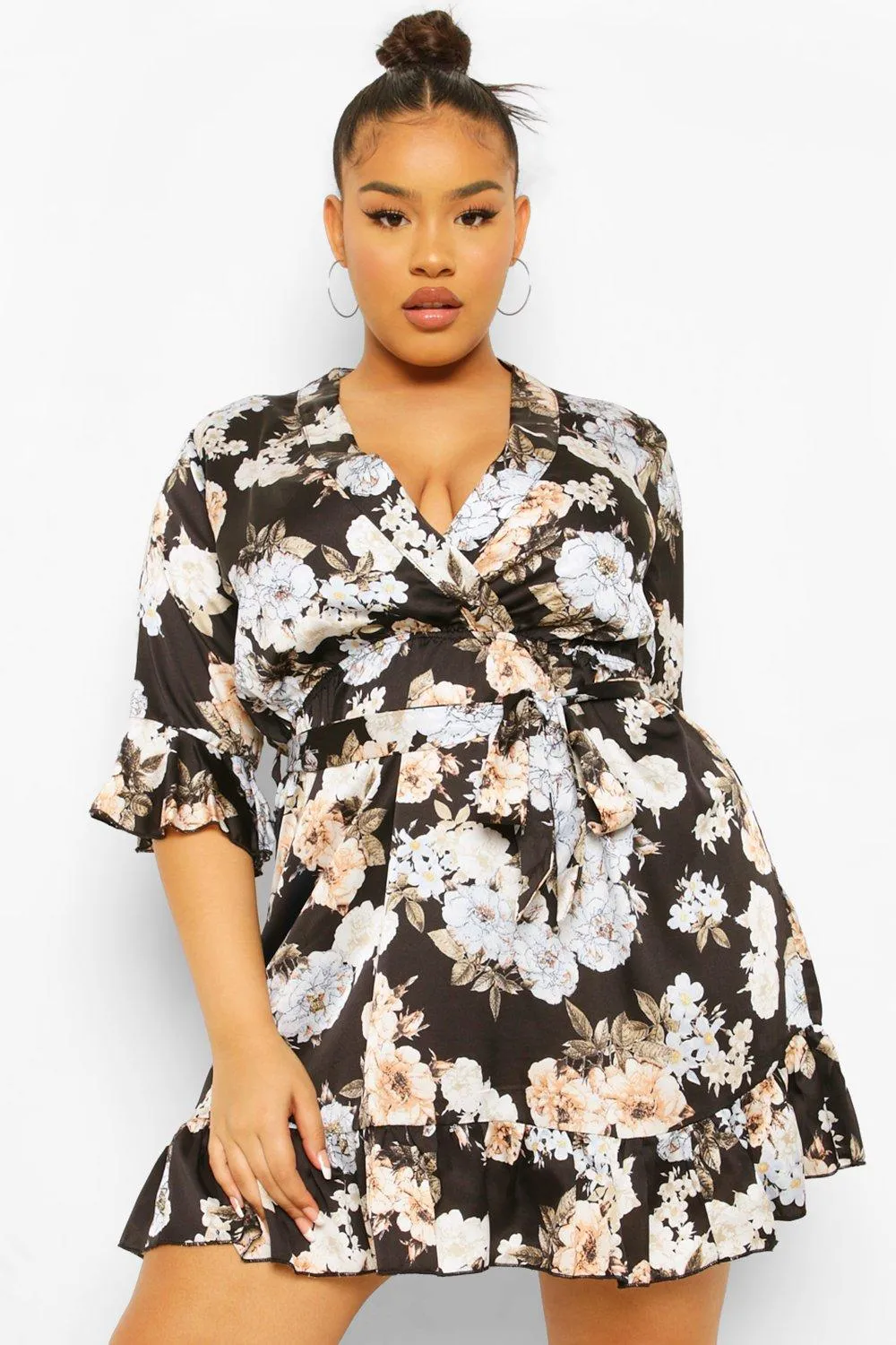 Plus Satin Floral Wrap Belted Dress