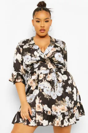 Plus Satin Floral Wrap Belted Dress