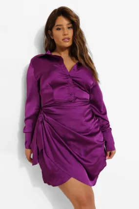 Plus Satin Ruched Wrap Dress