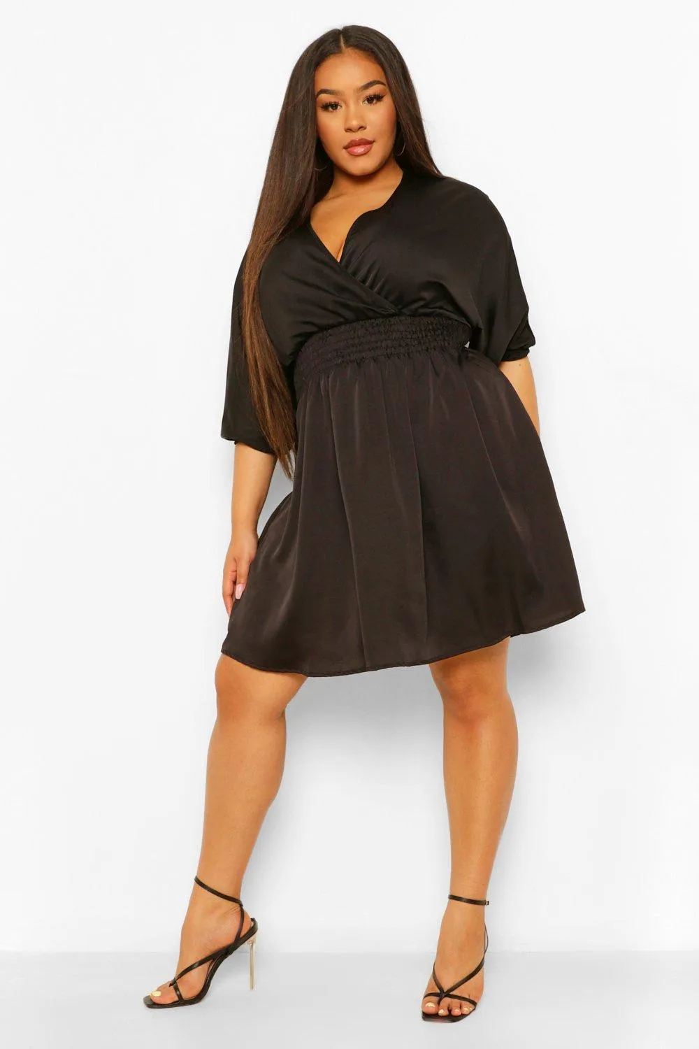 Plus Satin Shirred Waist Wrap Skater Dress