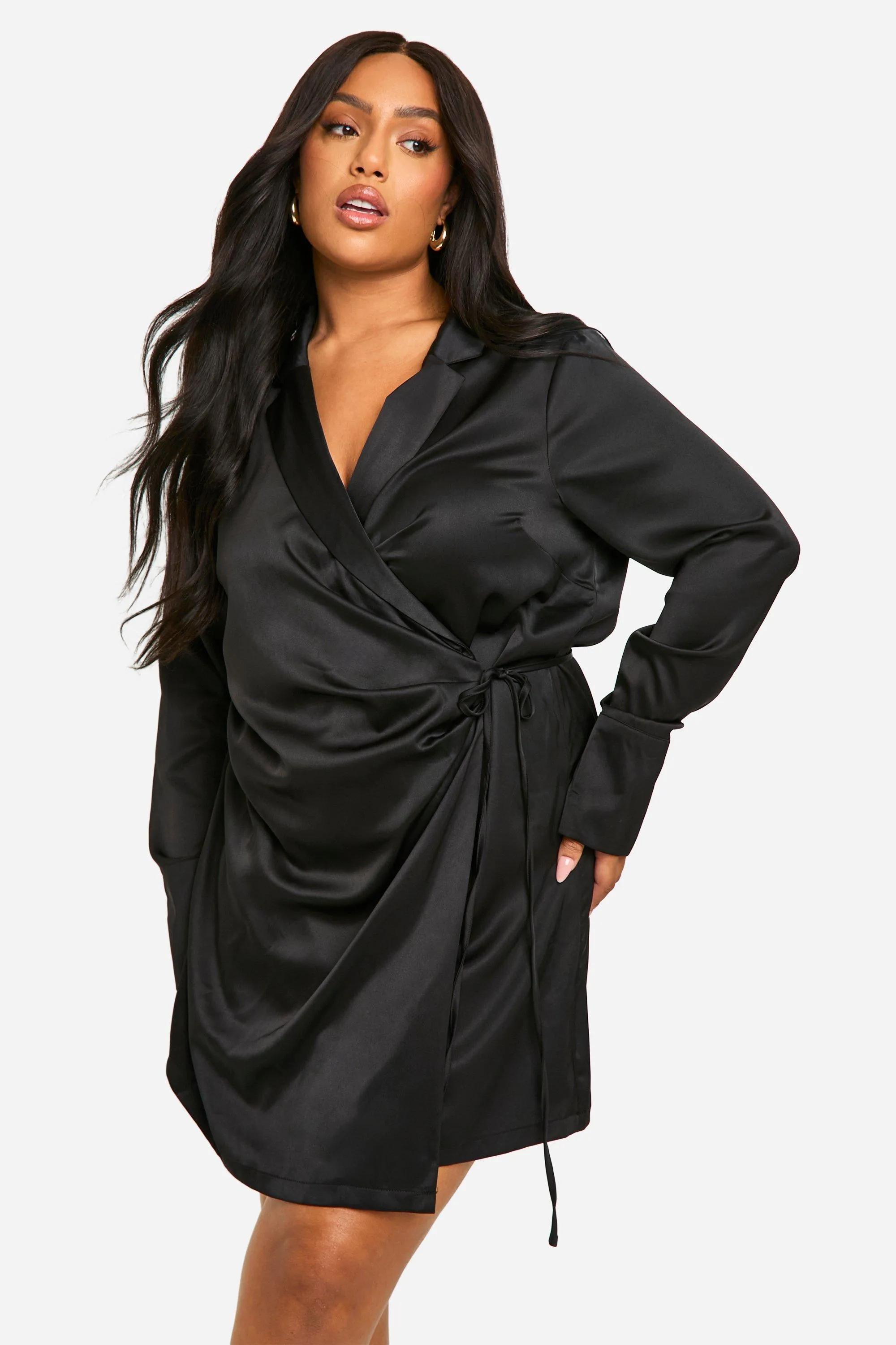 Plus Satin Tie Wrap Shirt Dress