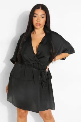 Plus Satin Wrap Layered Skater Dress