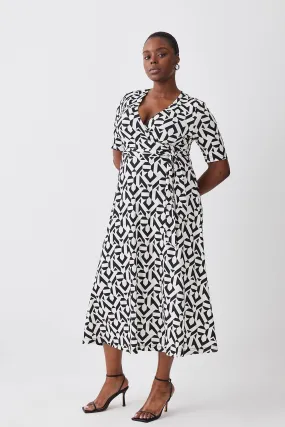 Plus Size Half Sleeve Geometric Printed Jersey Wrap Midi Dress | Karen Millen