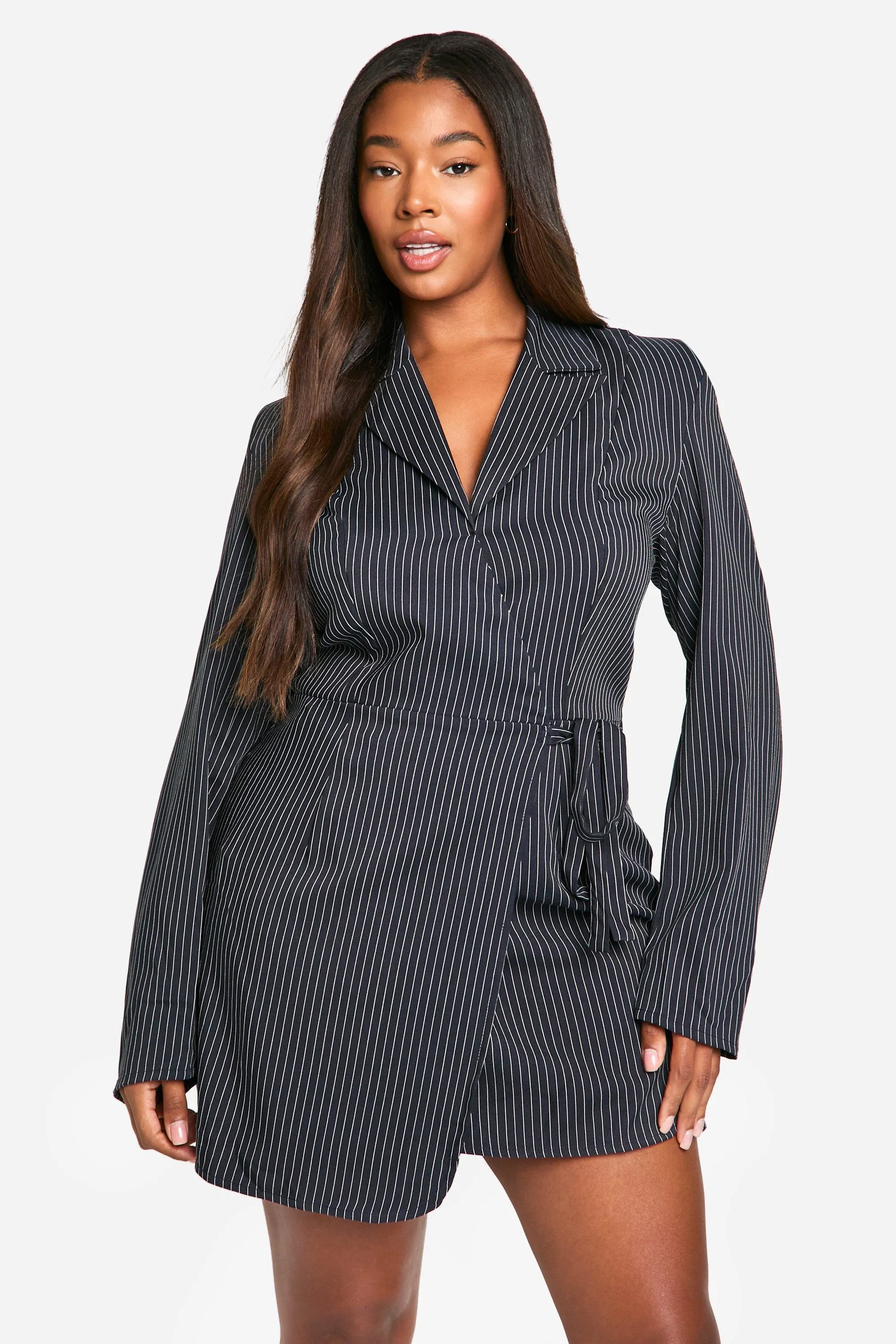 Plus Woven Stripe Tailored Wrap Dress