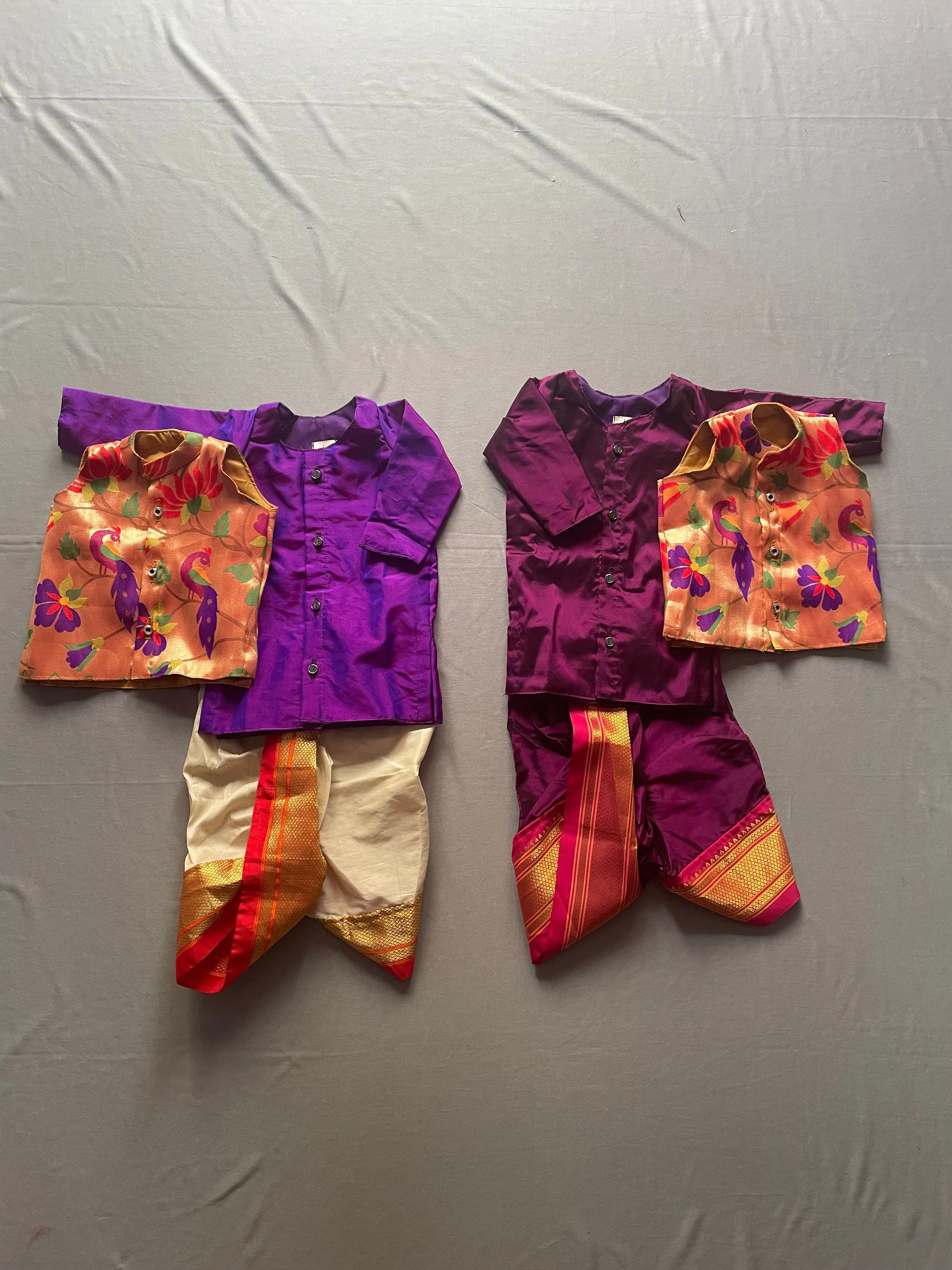 Premium paithani brothers twinning- wine and purple dhoti kurta jacket twinning set