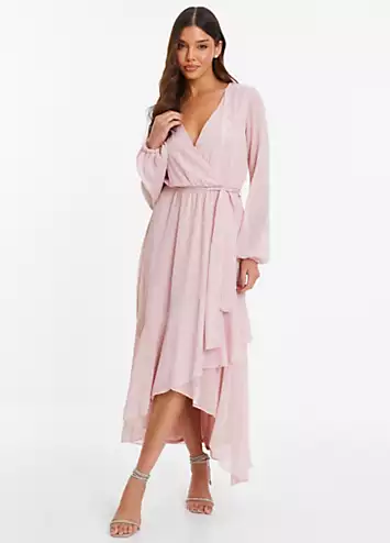 Quiz Pink Metallic Chiffon Long Sleeve Wrap Midaxi Dress with Frills | Grattan