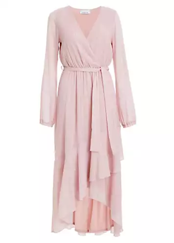 Quiz Pink Metallic Chiffon Long Sleeve Wrap Midaxi Dress with Frills | Grattan