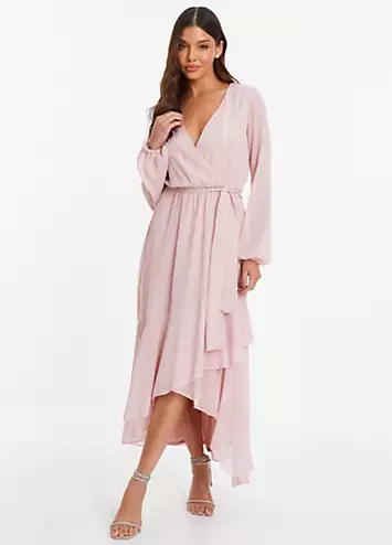 Quiz Pink Metallic Chiffon Long Sleeve Wrap Midaxi Dress with Frills | Grattan