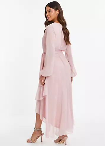 Quiz Pink Metallic Chiffon Long Sleeve Wrap Midaxi Dress with Frills | Grattan