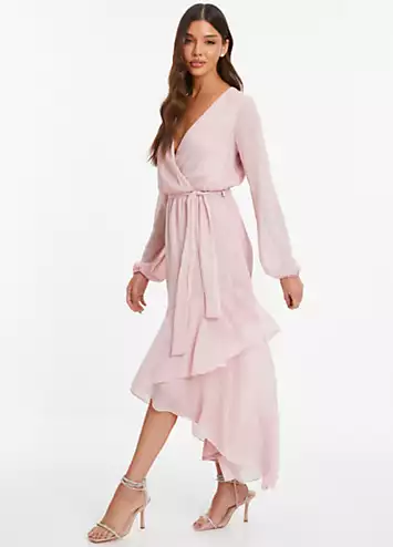 Quiz Pink Metallic Chiffon Long Sleeve Wrap Midaxi Dress with Frills | Grattan