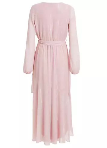 Quiz Pink Metallic Chiffon Long Sleeve Wrap Midaxi Dress with Frills | Grattan