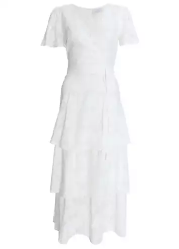 Quiz White Jacquard Wrap Midi Dress with Tiers and Tie Waist Belt | Grattan