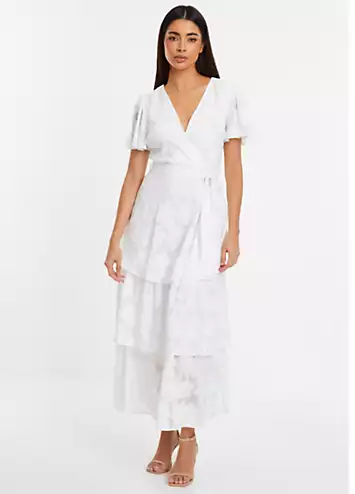 Quiz White Jacquard Wrap Midi Dress with Tiers and Tie Waist Belt | Grattan