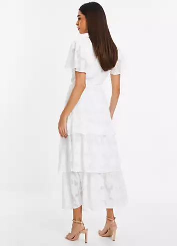 Quiz White Jacquard Wrap Midi Dress with Tiers and Tie Waist Belt | Grattan