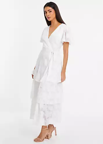 Quiz White Jacquard Wrap Midi Dress with Tiers and Tie Waist Belt | Grattan