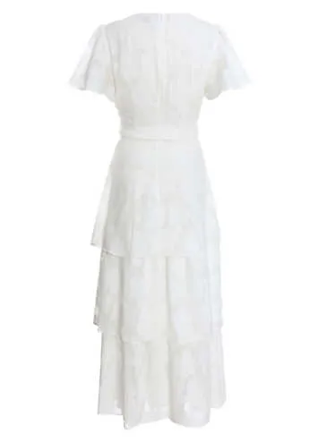 Quiz White Jacquard Wrap Midi Dress with Tiers and Tie Waist Belt | Grattan