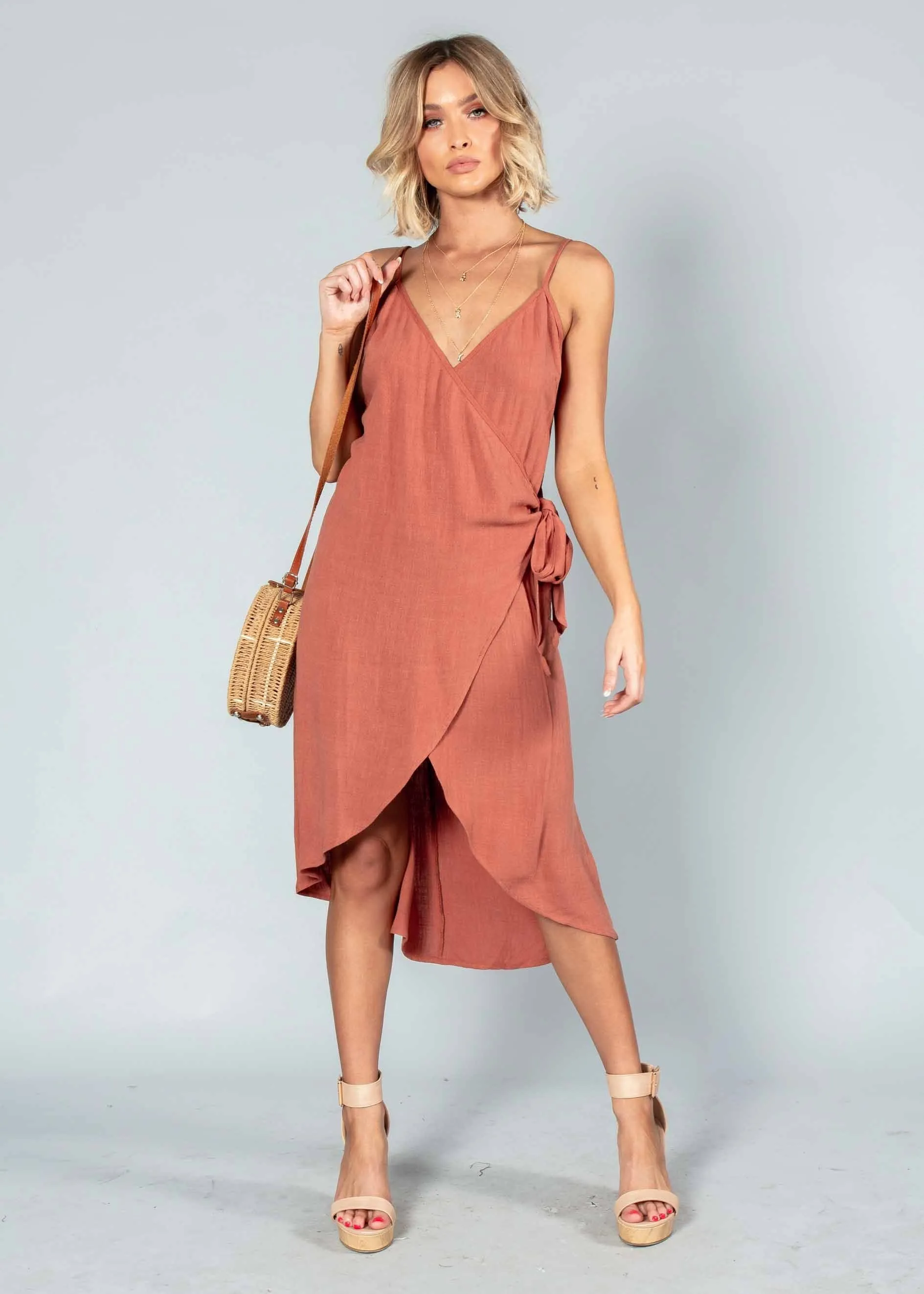 Rayz Linen Wrap Dress - Rust