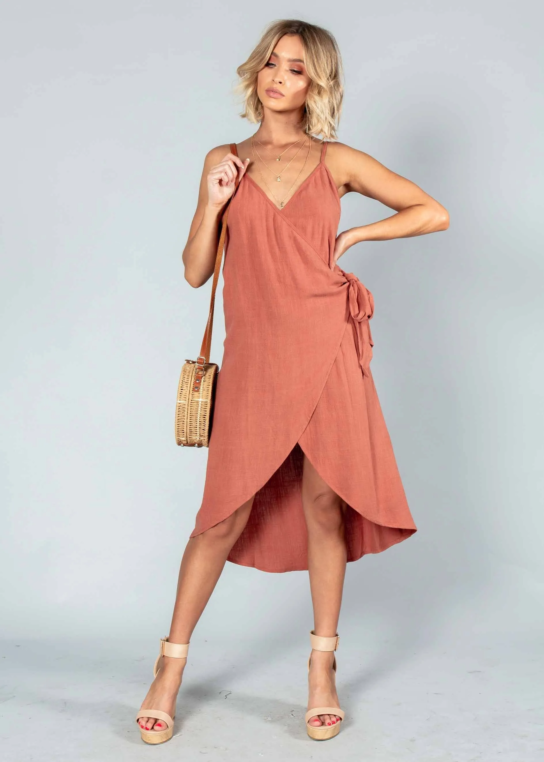 Rayz Linen Wrap Dress - Rust