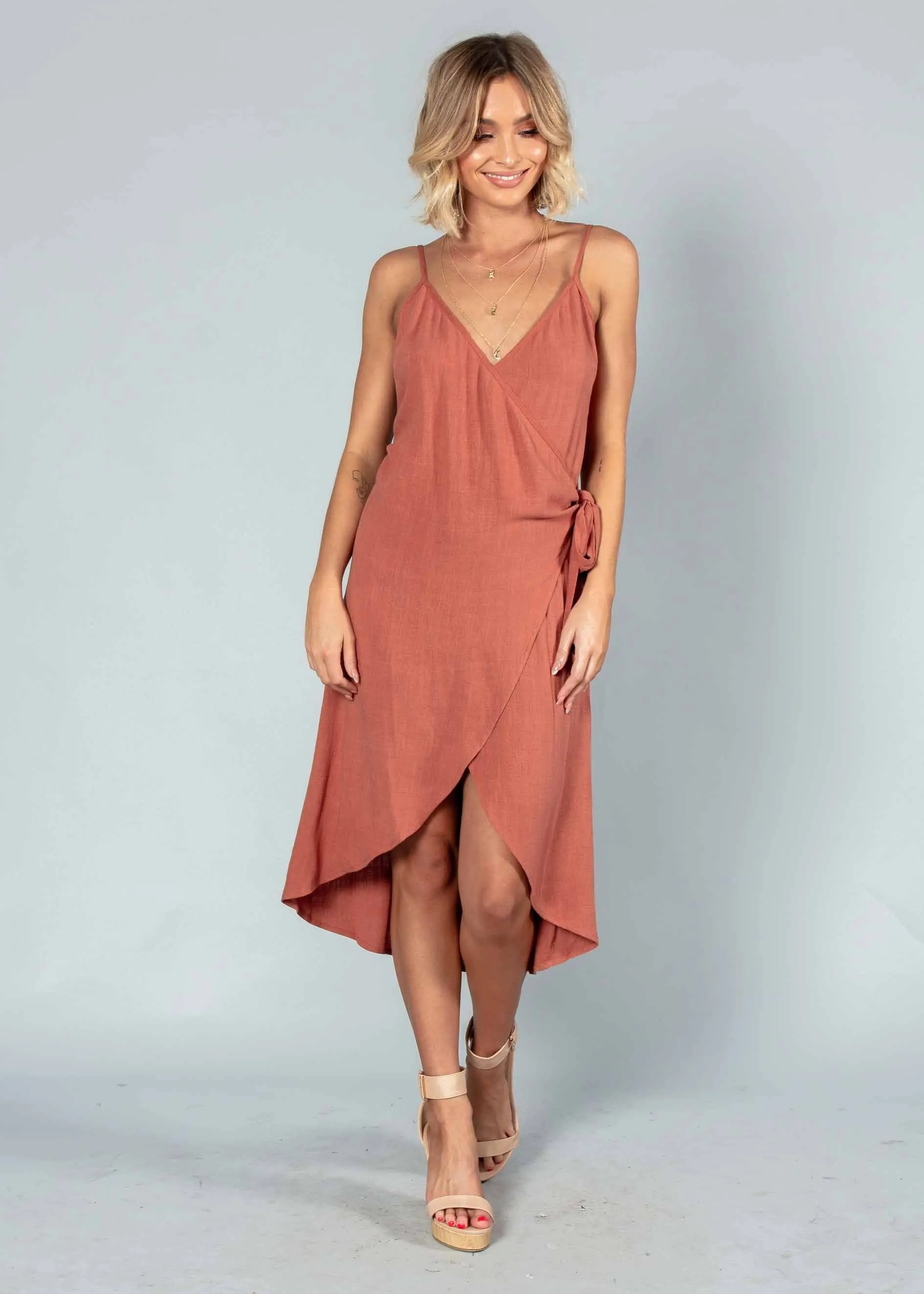 Rayz Linen Wrap Dress - Rust