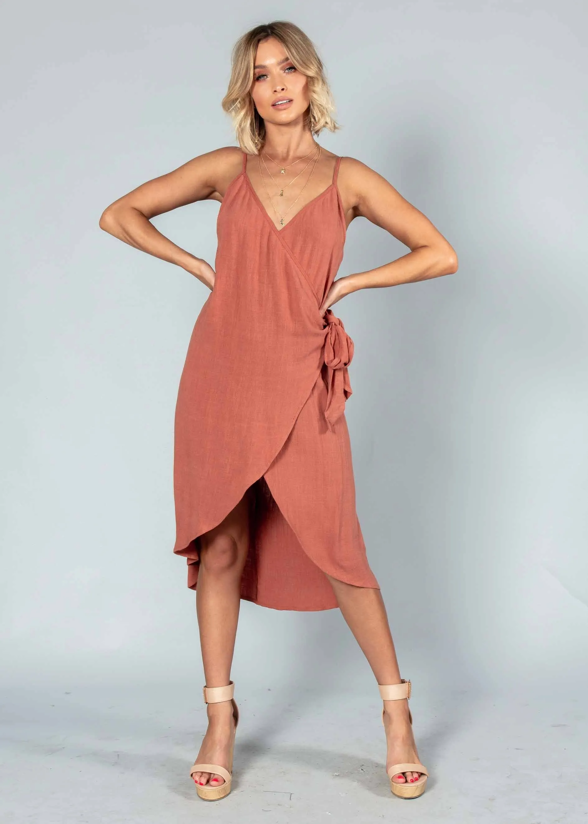 Rayz Linen Wrap Dress - Rust