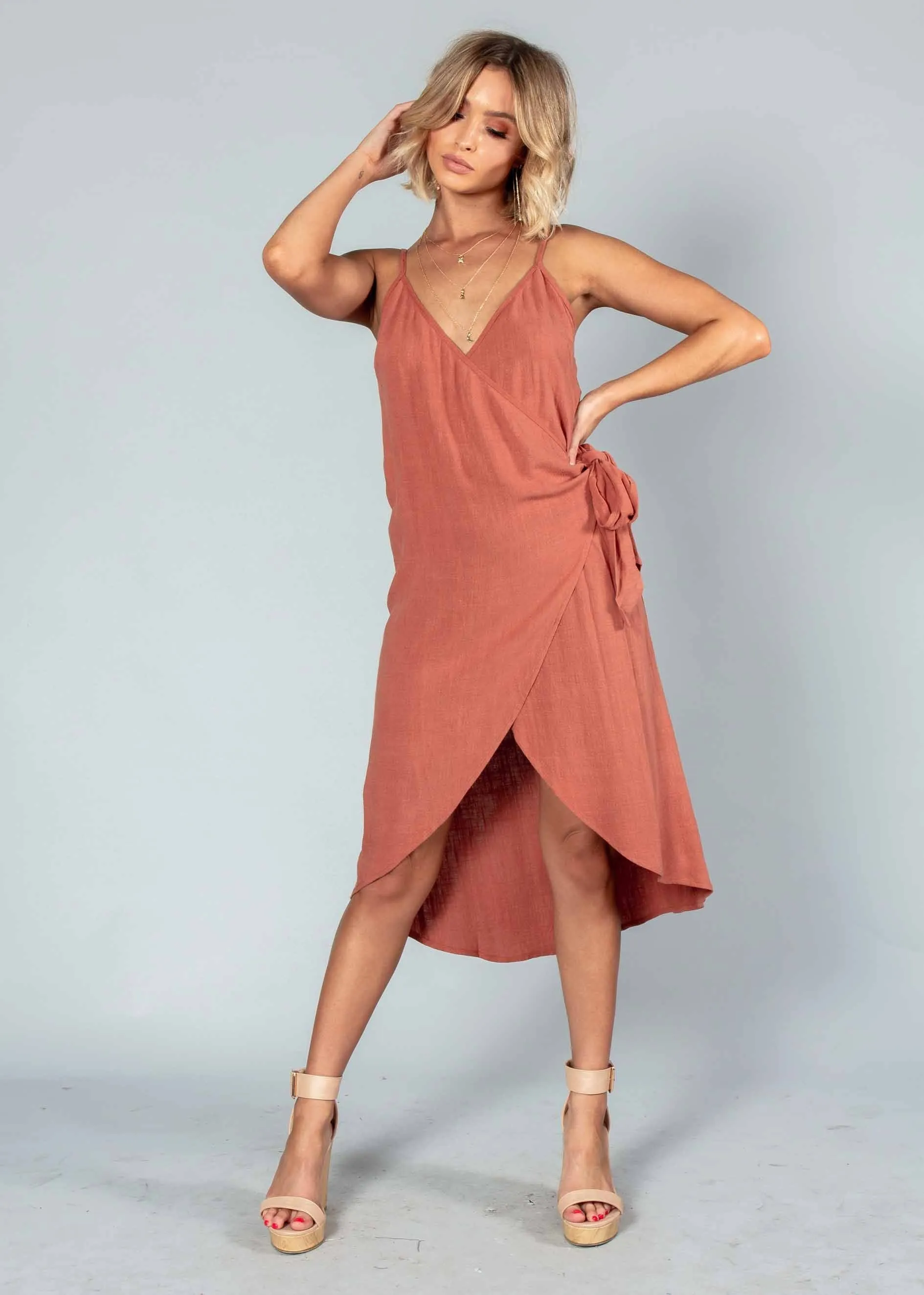 Rayz Linen Wrap Dress - Rust