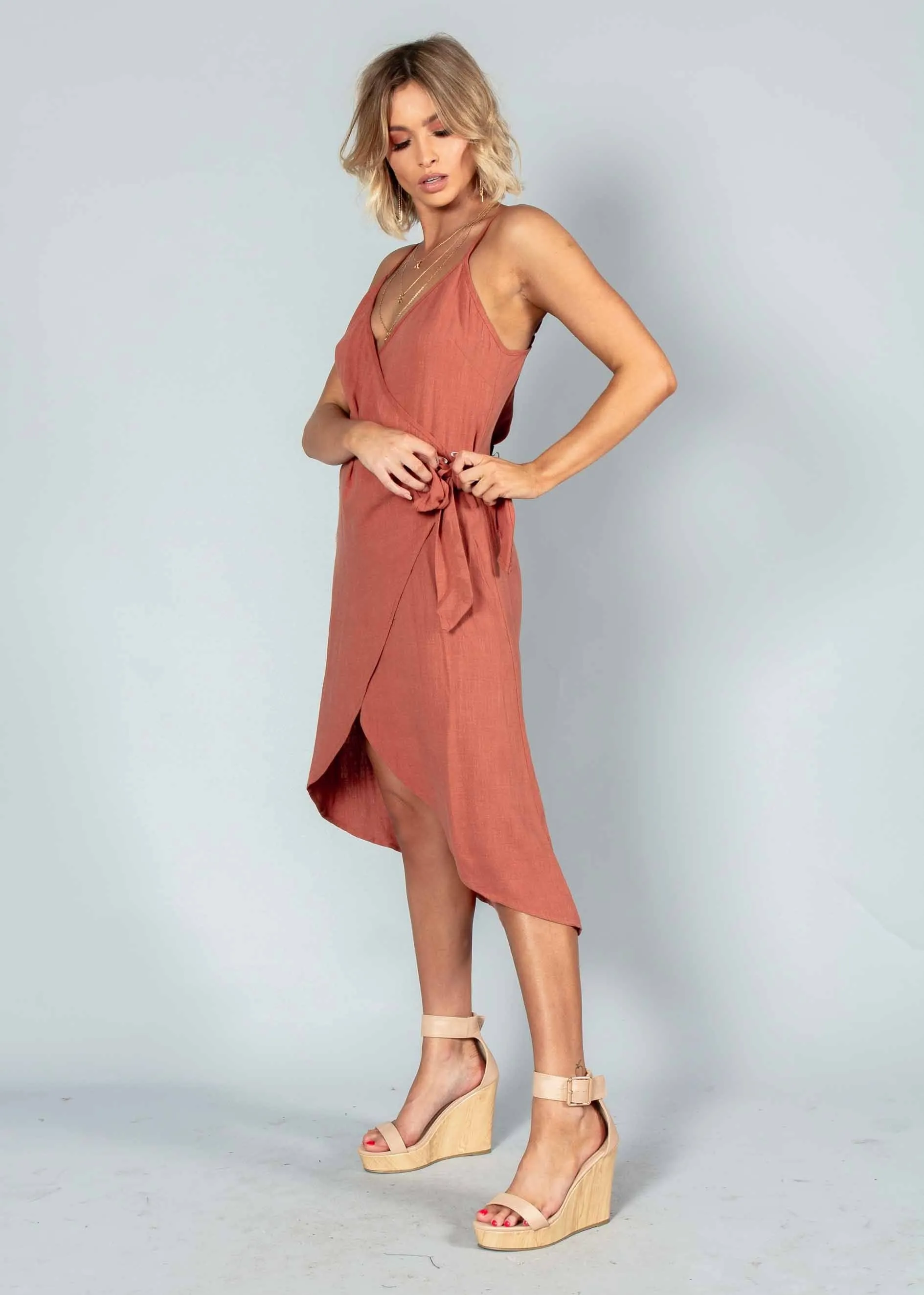 Rayz Linen Wrap Dress - Rust