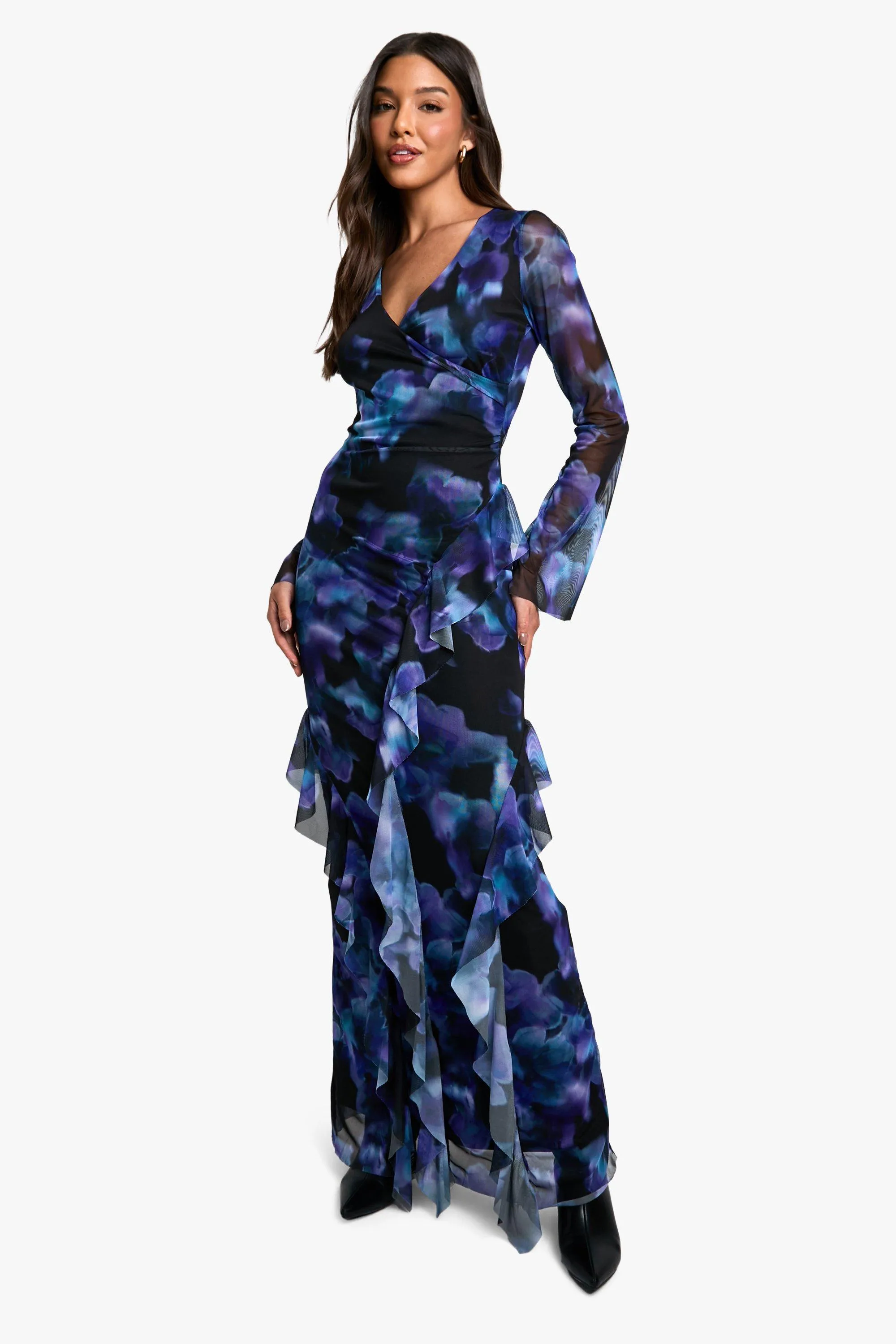 Ruffle Printed Mesh Wrap Maxi Dress