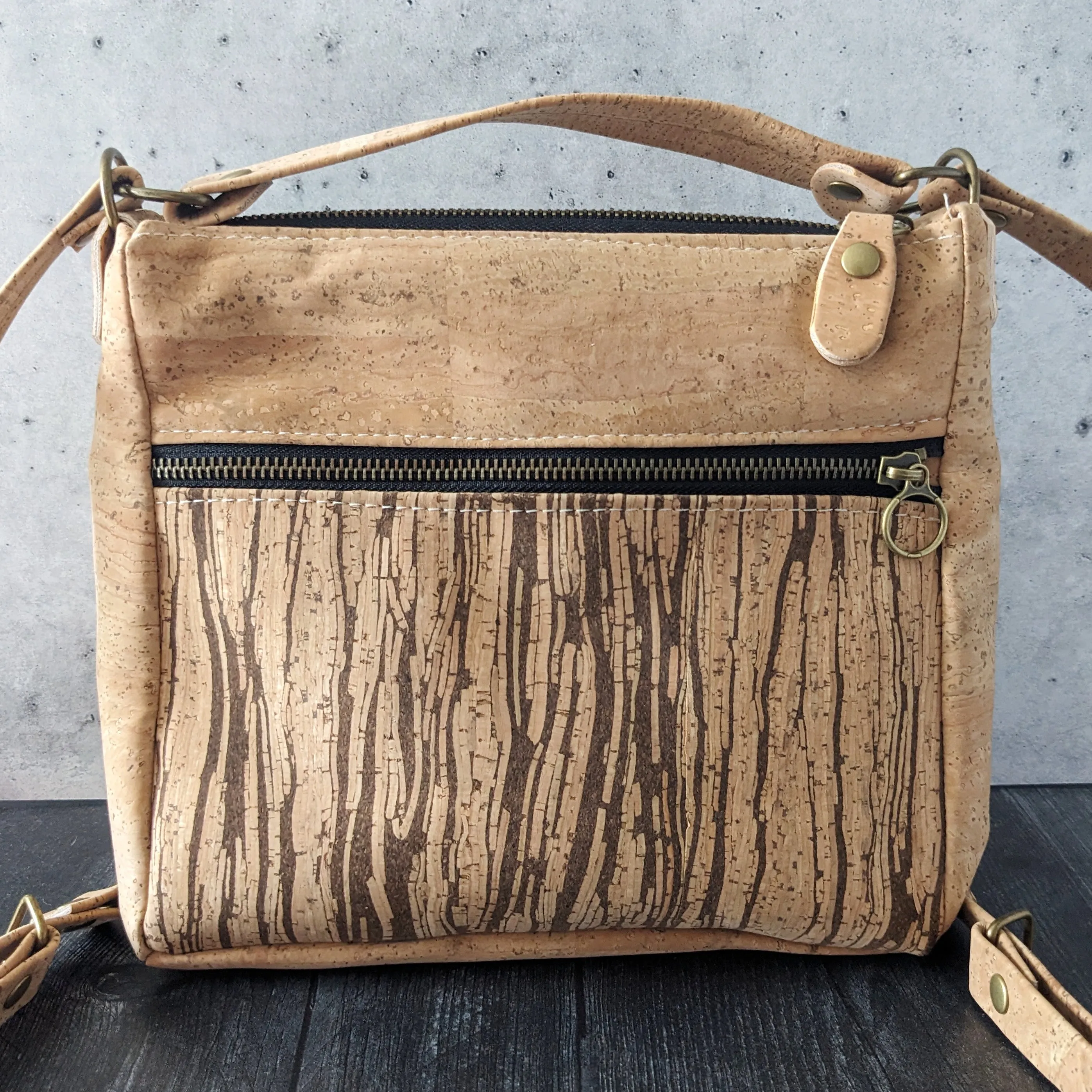 Small Zip Top Crossbody Backpack in Tiger Stripe Cork