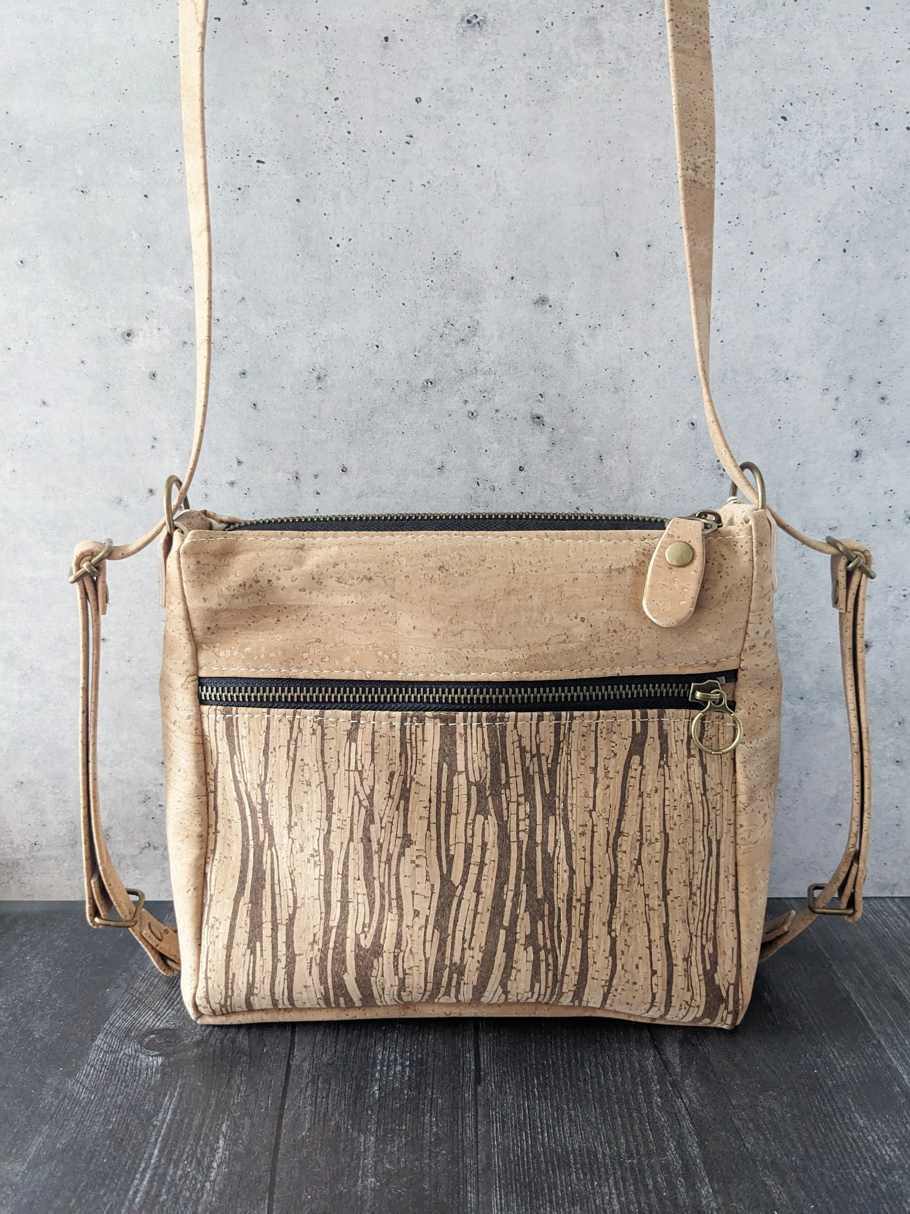 Small Zip Top Crossbody Backpack in Tiger Stripe Cork