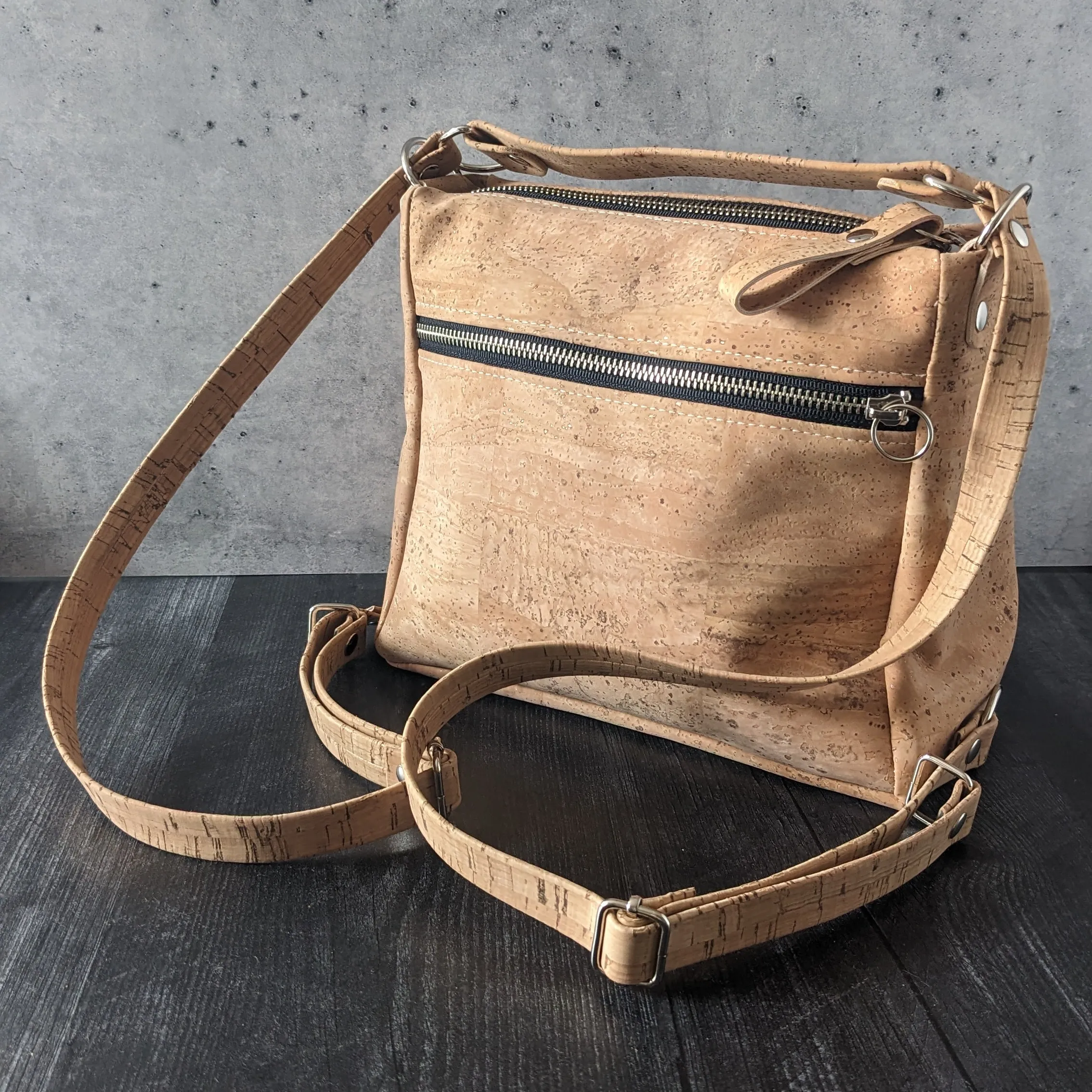 Small Zip Top Crossbody Backpack in Tiger Stripe Cork