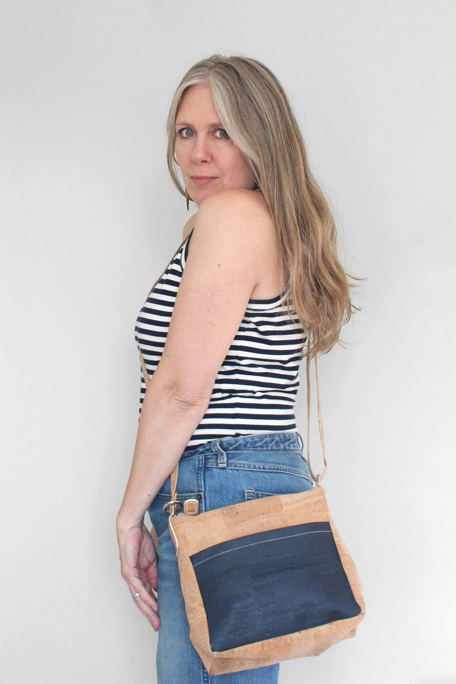 Small Zip Top Crossbody Backpack in Tiger Stripe Cork