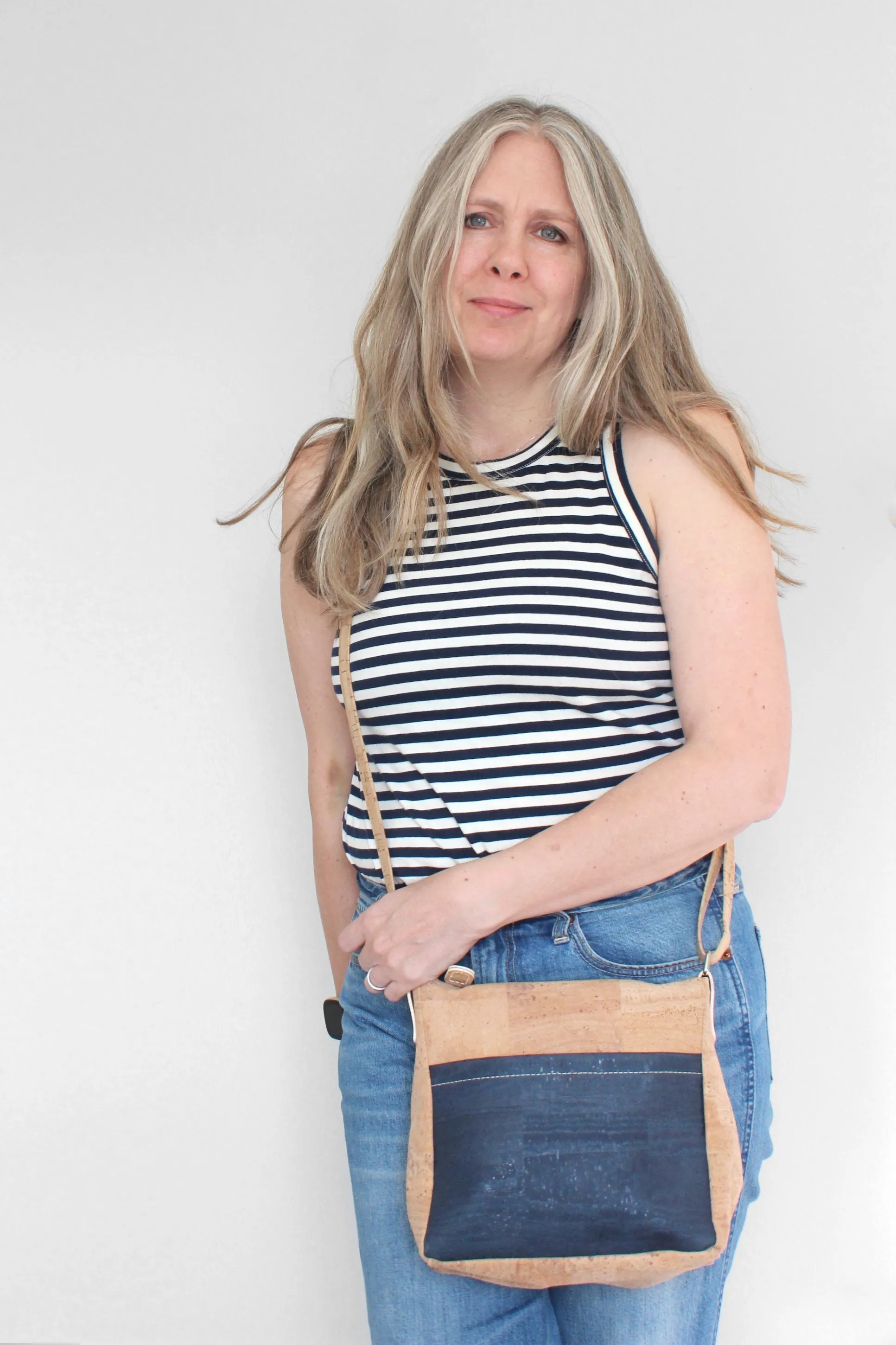 Small Zip Top Crossbody Backpack in Tiger Stripe Cork