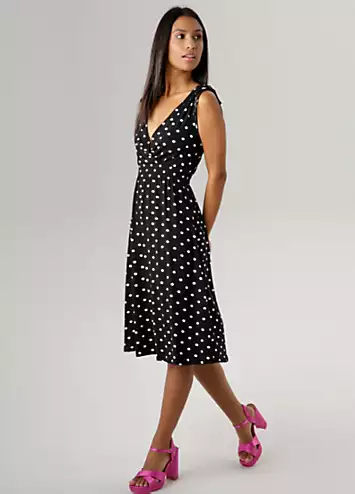 Spot Print V-Neck Sleeveless Wrap Midi Dress by Aniston | Look Again