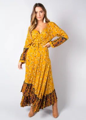 Take Me To Paradise Wrap Maxi Dress - Mustard Floral