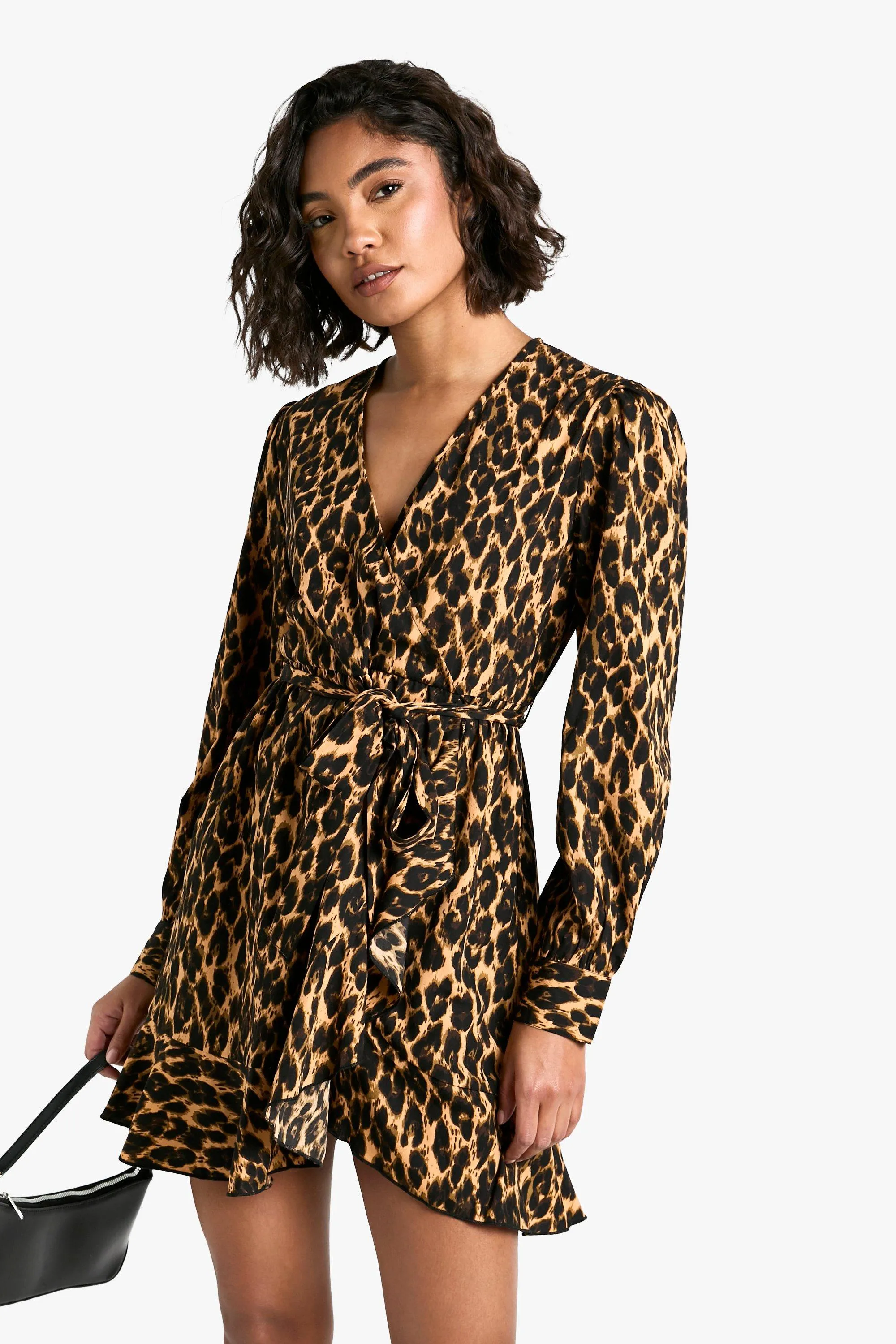 Tall Leopard Print Ruffle Woven Wrap Dress