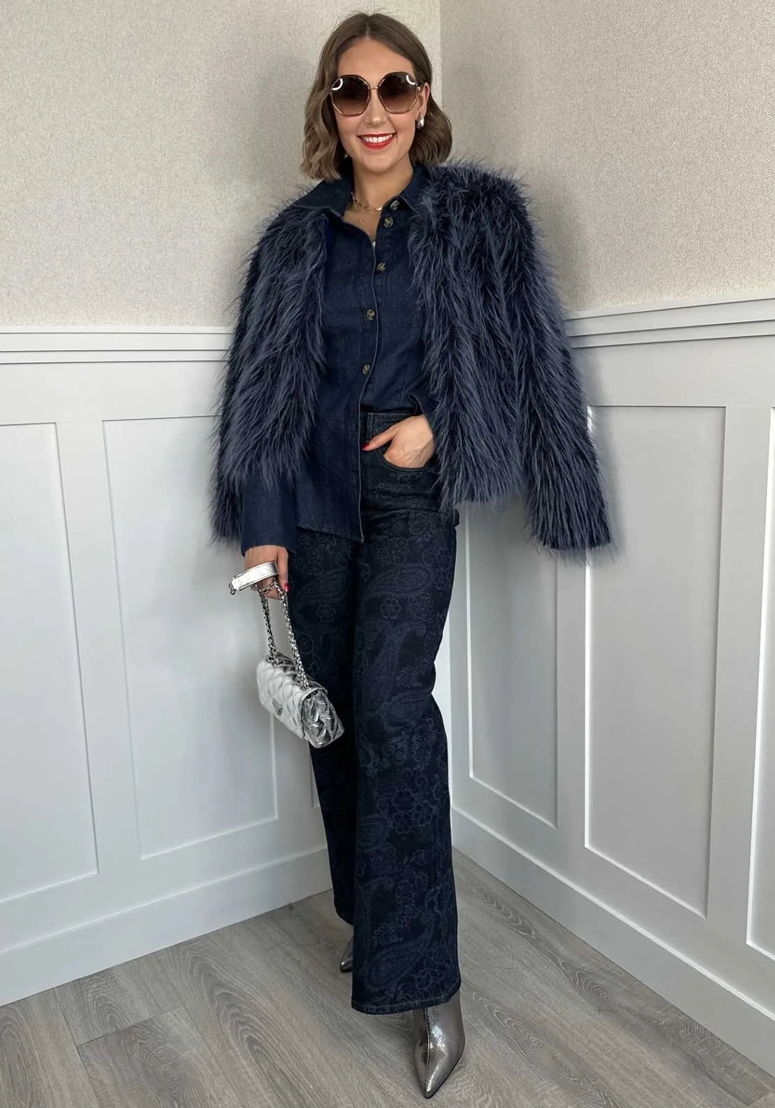 Tiffosi Mula Faux Fur Cropped Jacket, Blue