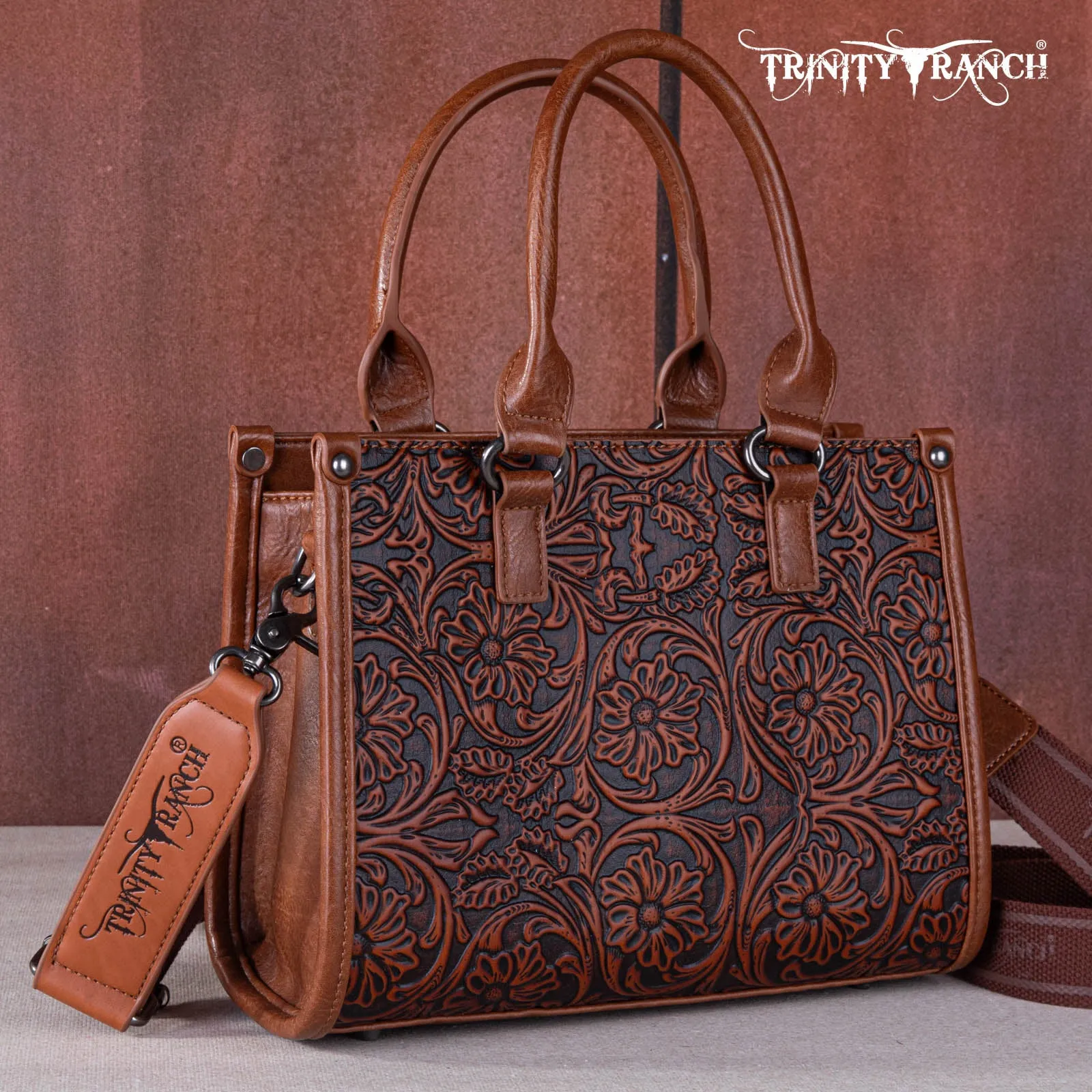 TR164-8250B  Trinity Ranch Floral Tooled Concealed Carry Tote/Crossbody