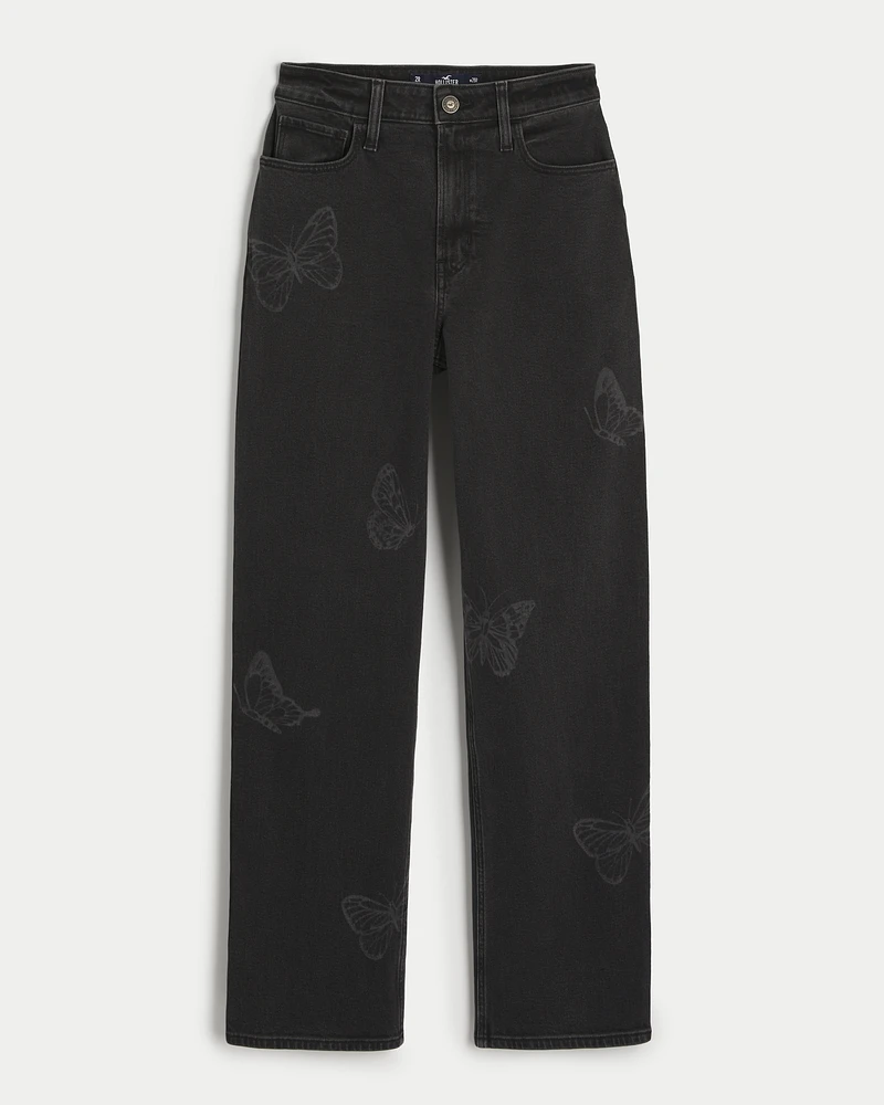 Ultra High-Rise Washed Black Butterfly Print Dad Jeans